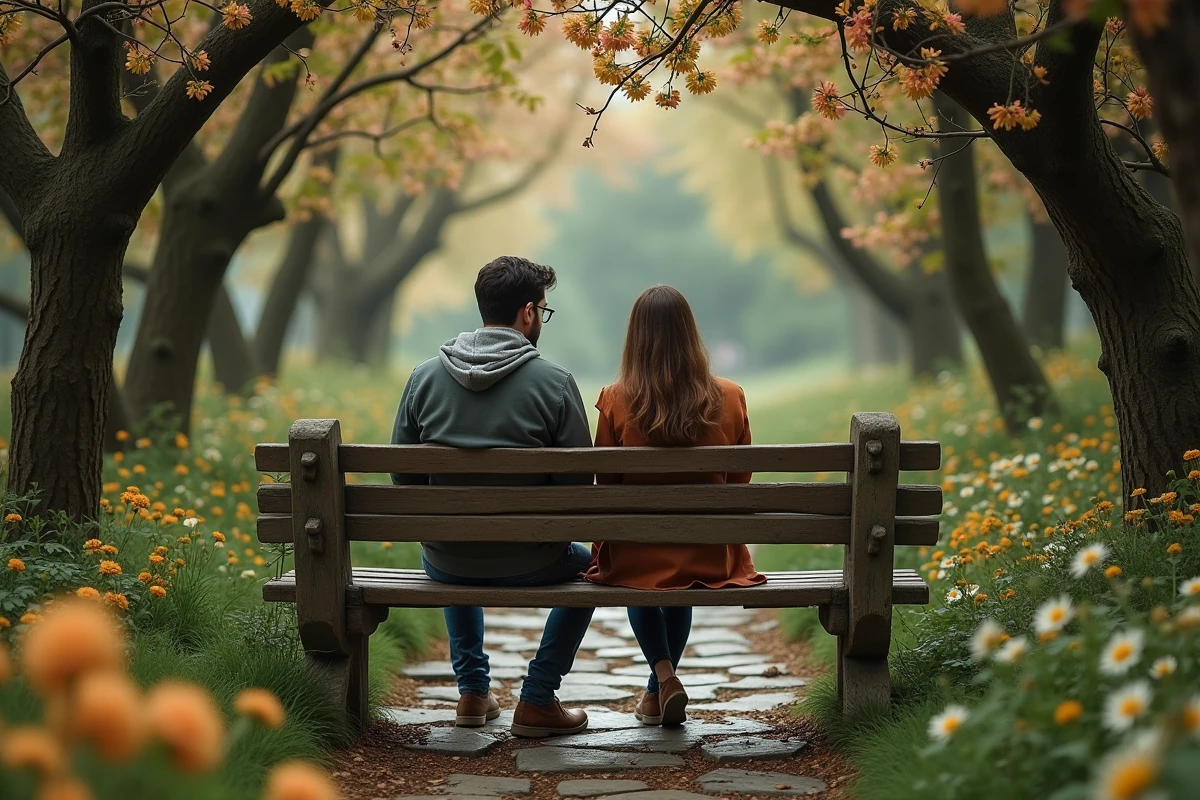 Jeune homme et femme dans un jardin magique
