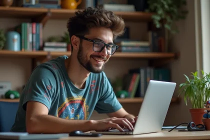 Jeune homme en t-shirt rétro de jeux vidéo à son bureau