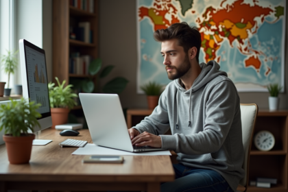 Jeune homme travaillant sur un ordinateur dans un bureau cosy