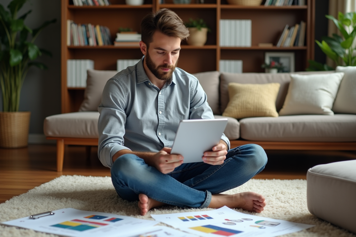 Jeune homme examinant un tableau immobilier dans un salon chaleureux