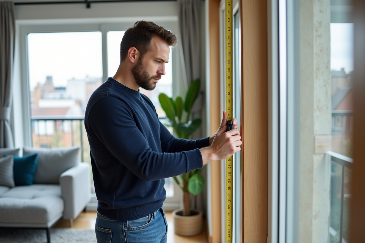 Jeune homme mesurant une fenêtre dans un salon lumineux
