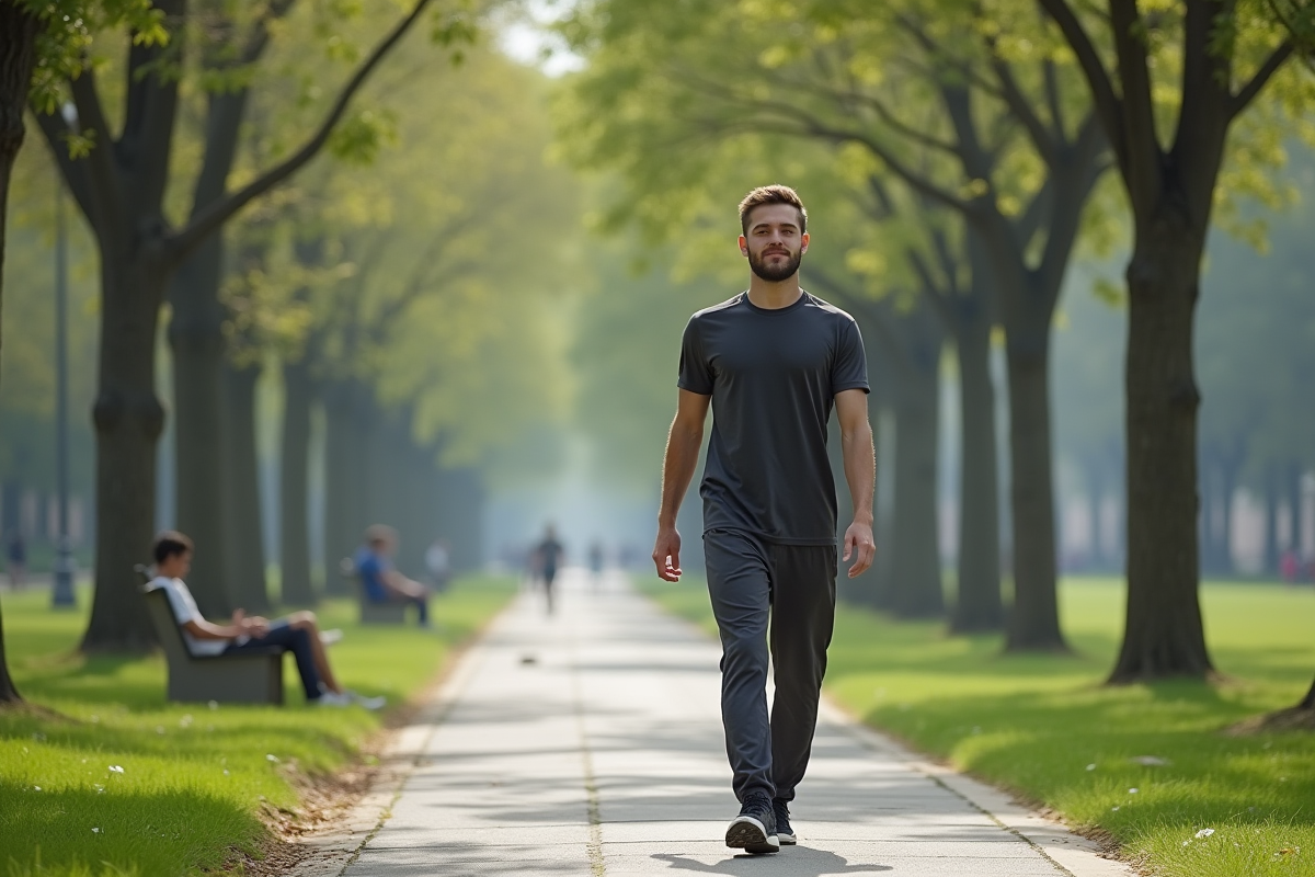 Jeune homme pratiquant la marche consciente dans un parc