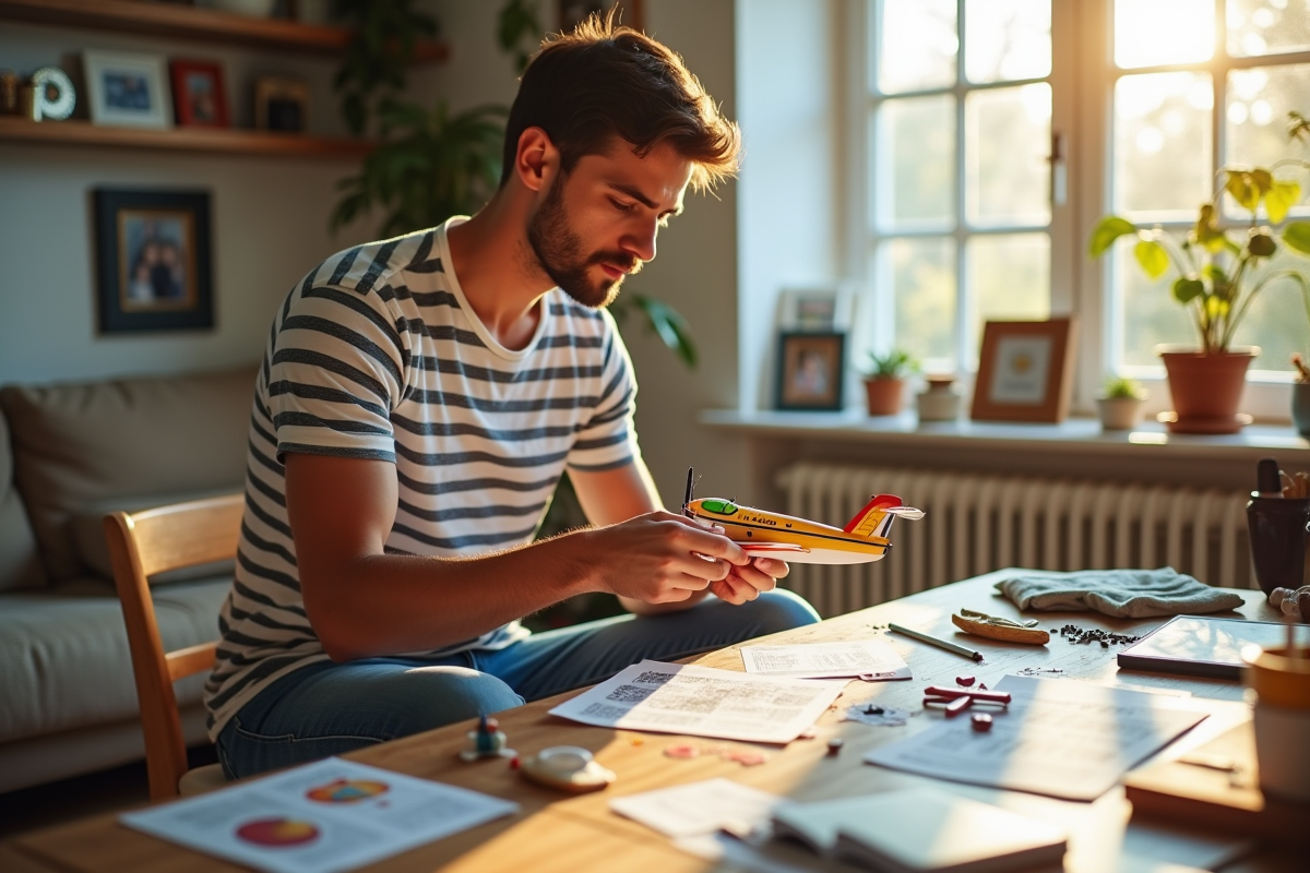 Jeune homme assemblant un avion en modèle dans un salon
