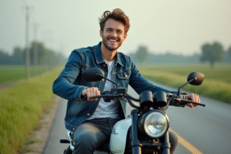 Jeune homme en denim sur moto en campagne