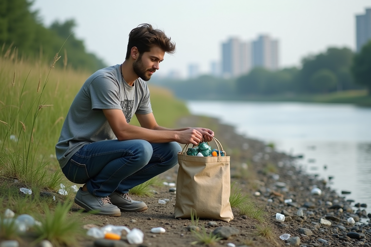 Jeune homme ramassant des plastiques sur la rive d