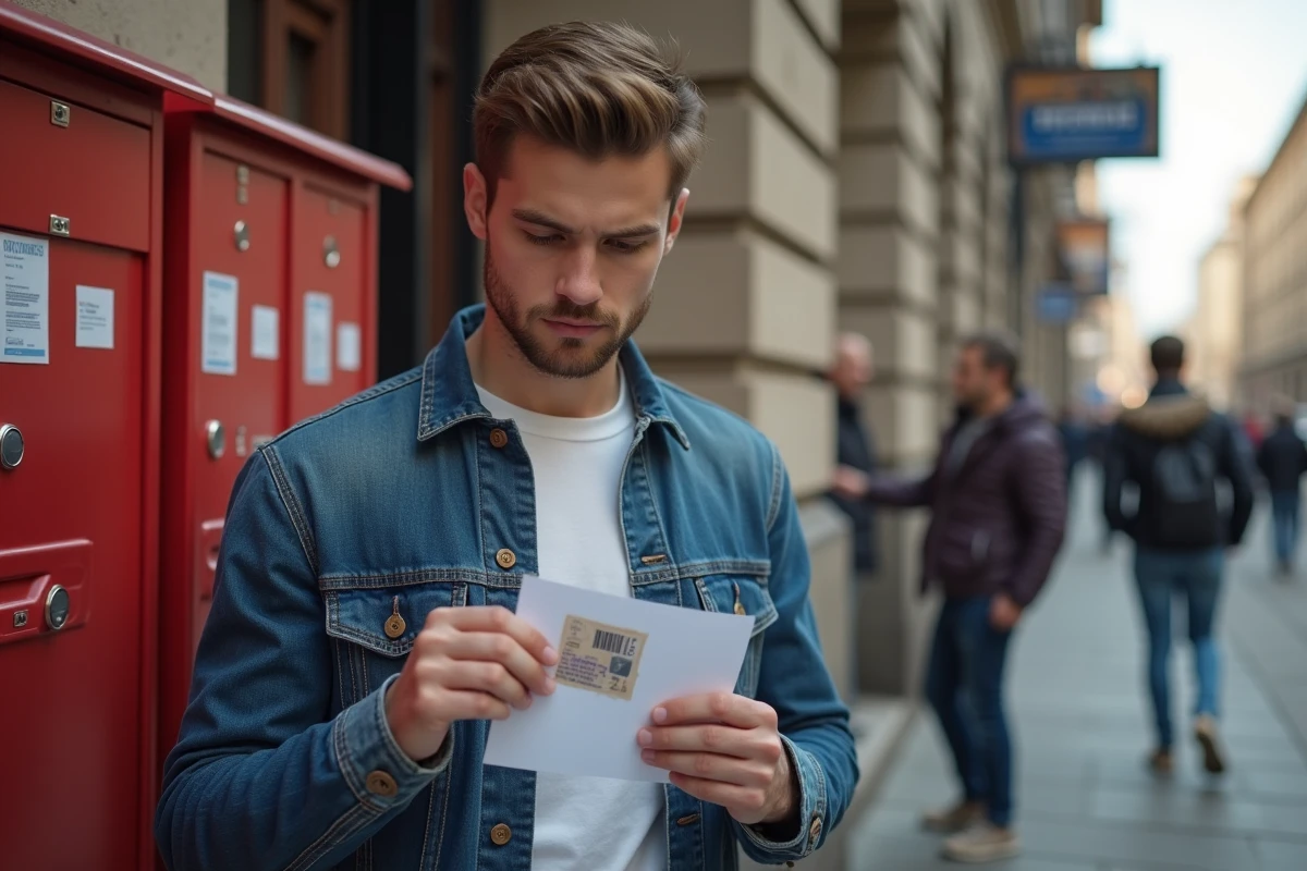 Jeune homme en veste en denim examinant une lettre devant un bureau de poste