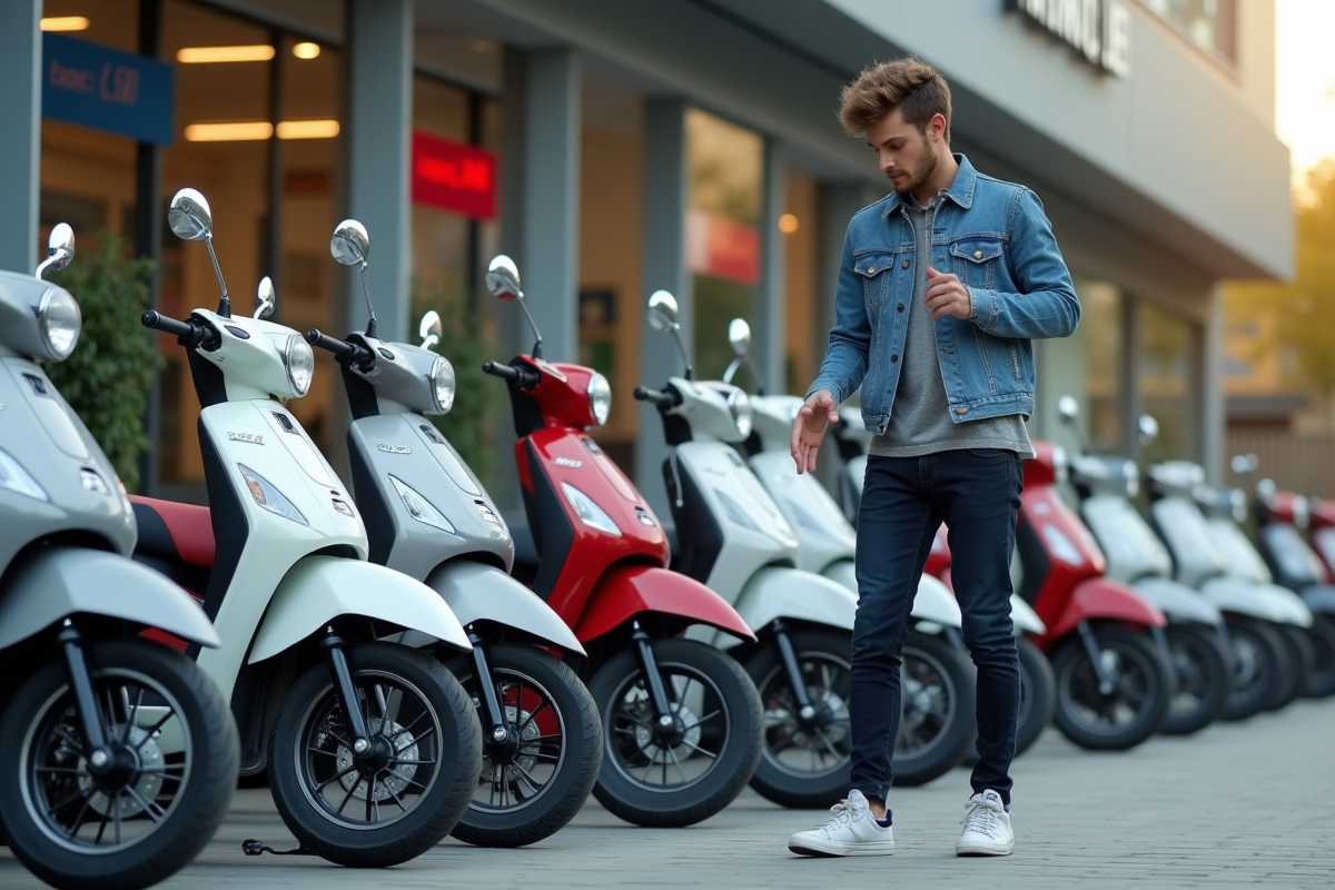 Jeune homme compare des scooters 50cc devant un concessionnaire