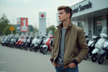 Jeune homme inspectant des scooters 50cc en ville