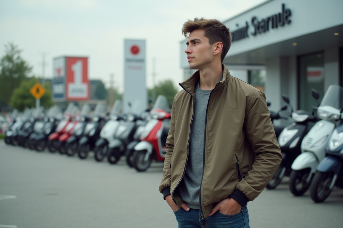 Jeune homme inspectant des scooters 50cc en ville