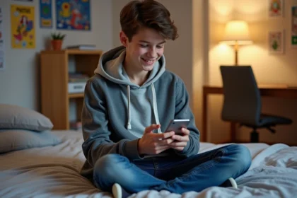 Adolescent souriant utilisant son smartphone dans sa chambre