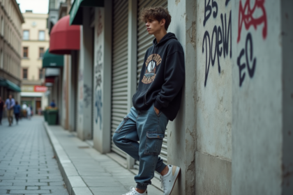 Jeune homme en streetwear décontracté contre un mur urbain