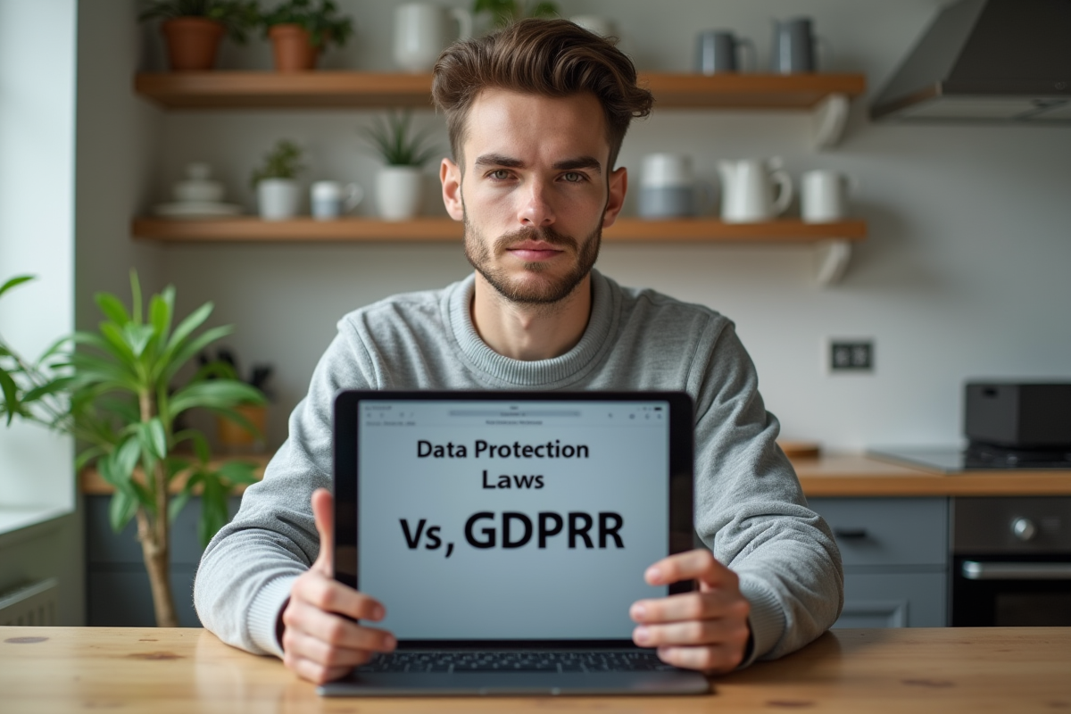 Jeune homme consulte une tablette sur la loi GDPR à la maison
