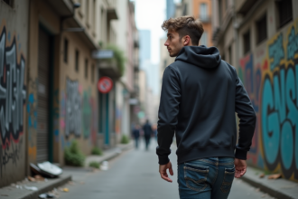 Jeune homme en hoodie dans une rue urbaine graffitée