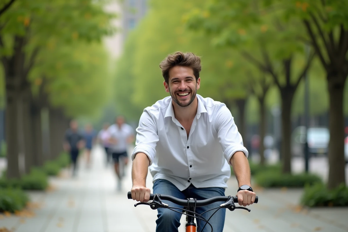 Jeune homme en vélo dans un parc urbain ensoleille