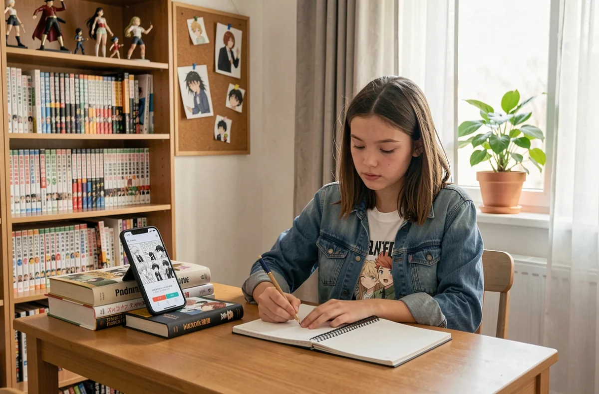 Adolescente lisant des scans manga sur mobile à son bureau avec des notes et des volumes papier