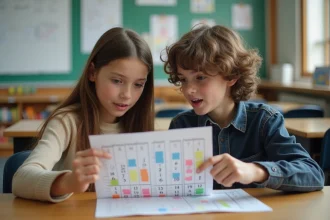 Jeune lycéenne et lycéen discutant d'un calendrier scolaire