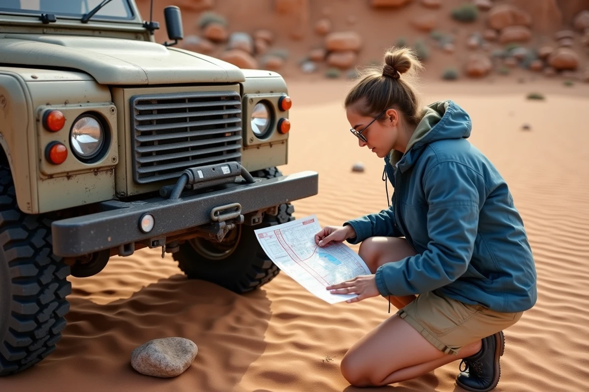 Jeune femme traçant un itinéraire sur une carte dans le désert