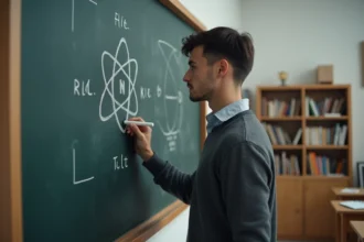 Jeune scientifique dessinant un diagramme atomique sur un tableau noir