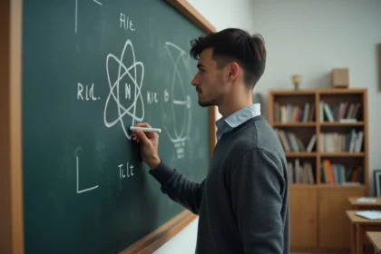 Jeune scientifique dessinant un diagramme atomique sur un tableau noir