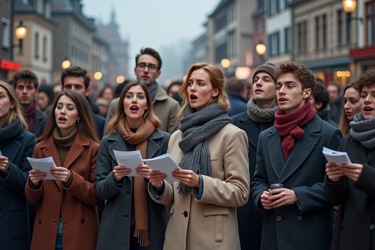 Groupe de jeunes chantant La Strasbourgeoise place Kléber en hiver à Strasbourg