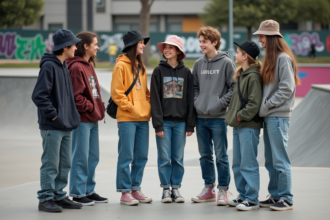 Groupe d'adolescents dans un skate park urbain