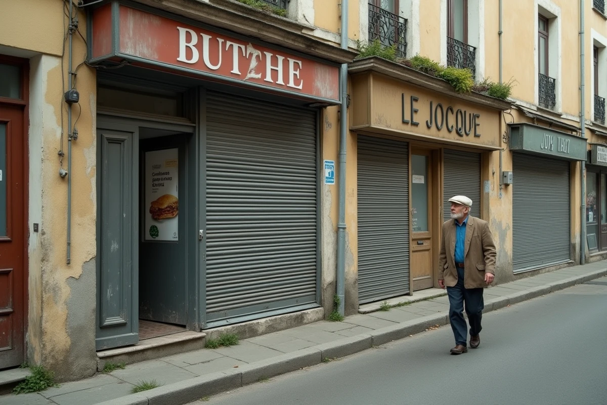 Rue commerçante dégradée de Joigny dans l'Yonne avec devantures fermées, enseignes décolorées et trottoir fissuré