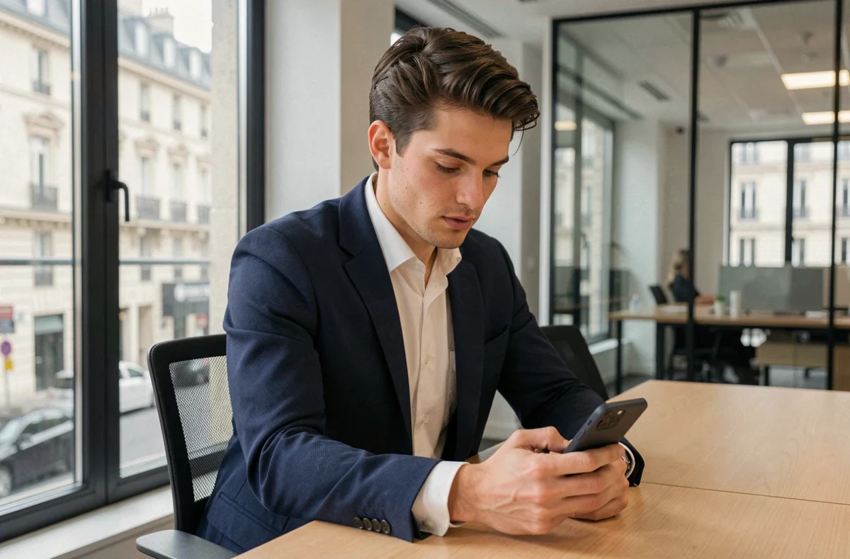 Jeune homme politique français consultant son téléphone dans un bureau parisien moderne, illustrant l'usage des réseaux sociaux par Jordan Bardella