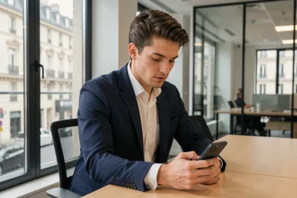 Jeune homme politique français consultant son téléphone dans un bureau parisien moderne, illustrant l'usage des réseaux sociaux par Jordan Bardella