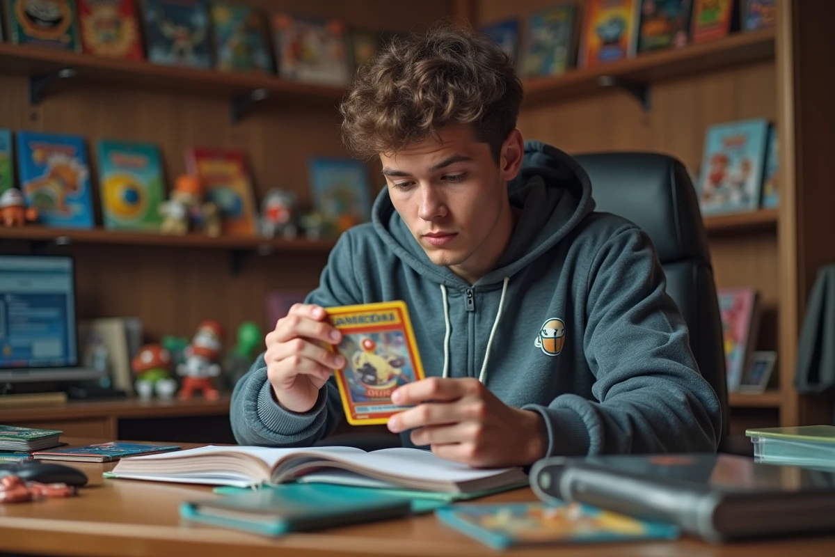 Joueur adulte examinant des cartes Pokémon holographiques provenant de sets 2025 et 2026 sur un bureau de collection