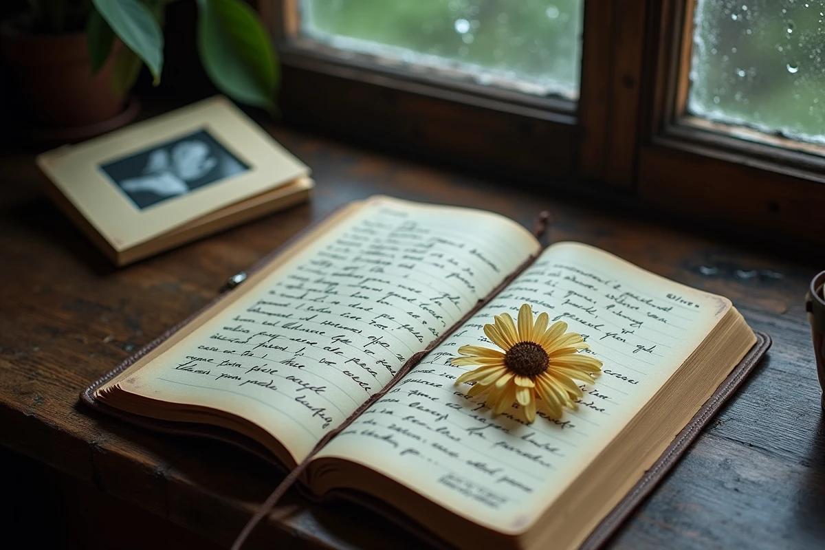 Journal intime ouvert avec une phrase soulignée et une fleur séchée, symbole de trahison et de souvenir douloureux