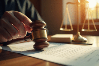 Main de juge avec maillet sur document juridique