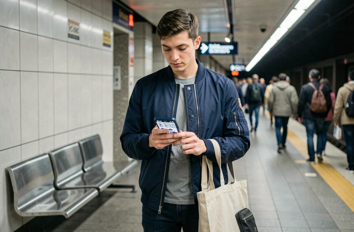 Homme consultant un site de lecture de manga sur mobile dans le métro en déplacement
