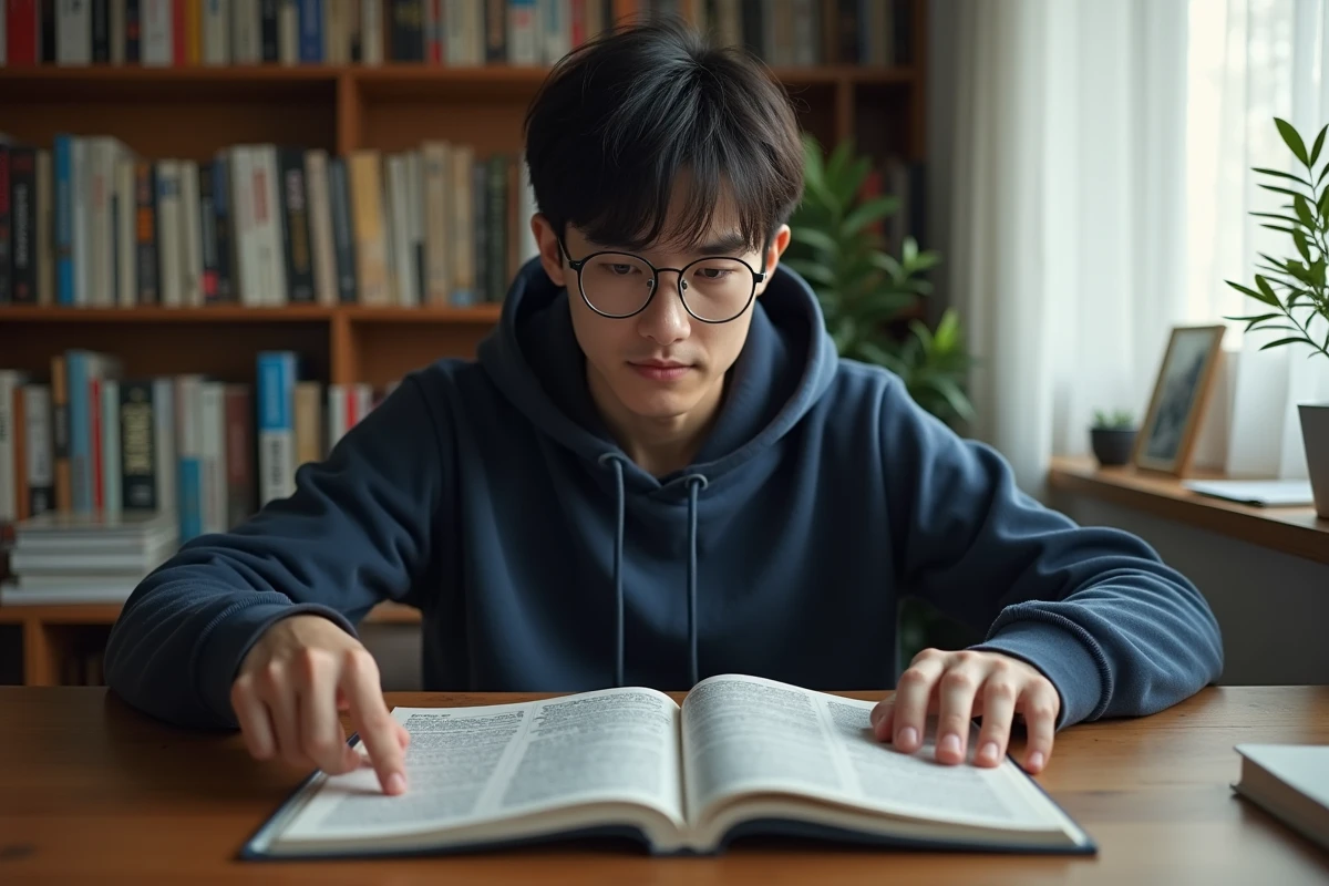 Jeune homme lisant un tome de manga à son bureau entouré de volumes One Piece