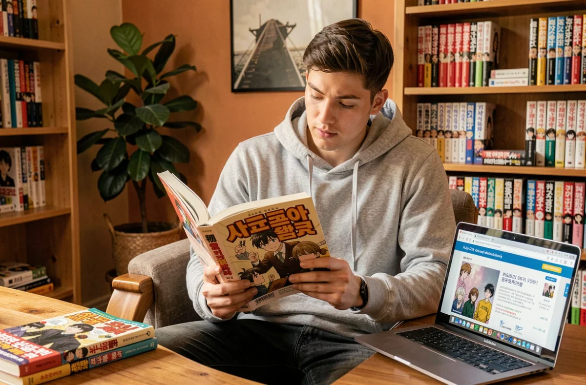 Jeune homme lisant un manga Solo Leveling à son bureau avec un ordinateur affichant une plateforme de lecture en ligne