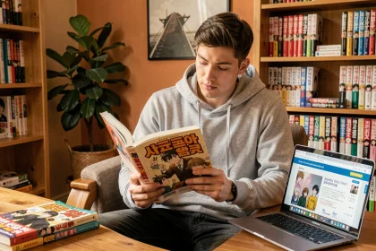 Jeune homme lisant un manga Solo Leveling à son bureau avec un ordinateur affichant une plateforme de lecture en ligne