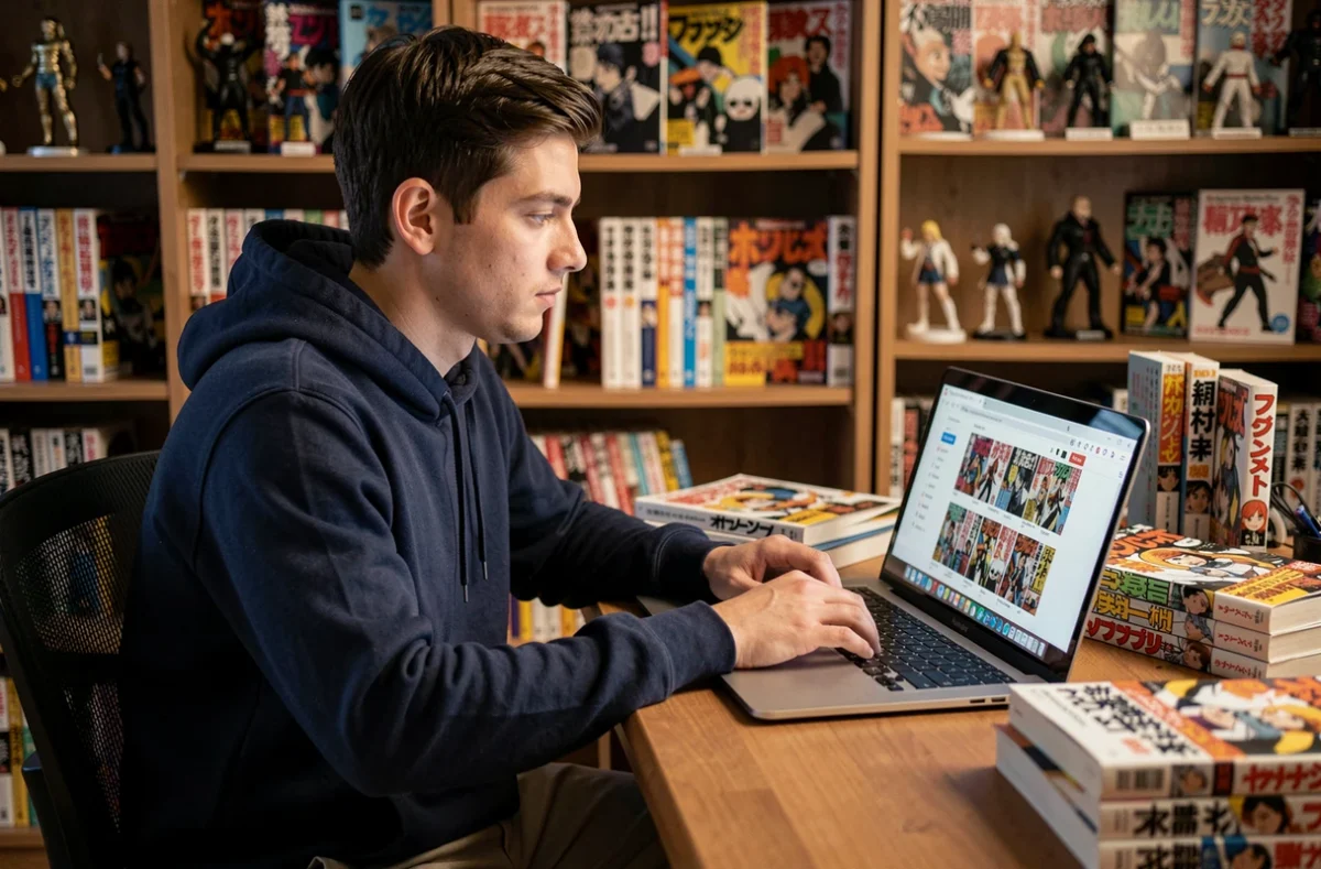 Jeune homme lisant le scan One Piece 1141 en version française sur un ordinateur portable entouré de mangas