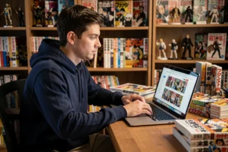 Jeune homme lisant le scan One Piece 1141 en version française sur un ordinateur portable entouré de mangas