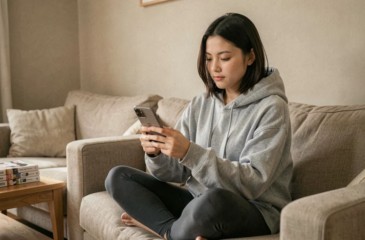 Jeune femme lisant des scans manga sur smartphone confortablement installée dans son salon