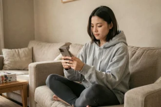Jeune femme lisant des scans manga sur smartphone confortablement installée dans son salon