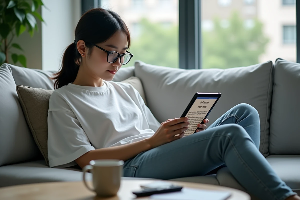 Jeune femme lisant la version française VF d'un chapitre de manga One Piece sur une tablette dans son salon
