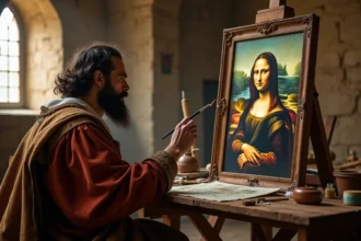 Leonardo da Vinci peignant la Mona Lisa dans son atelier