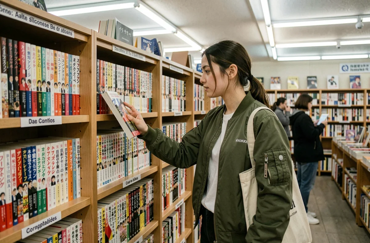 Adolescente cherchant un tome de manga dans une librairie spécialisée avec des rayons étiquetés en français
