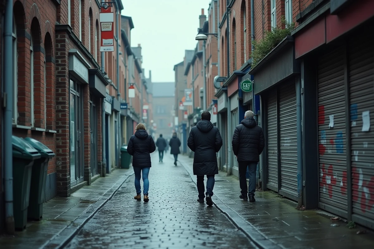 Rue d'un quartier populaire de Lille sous un ciel gris, pavés mouillés et maisons en briques délabrées typiques du nord de la France