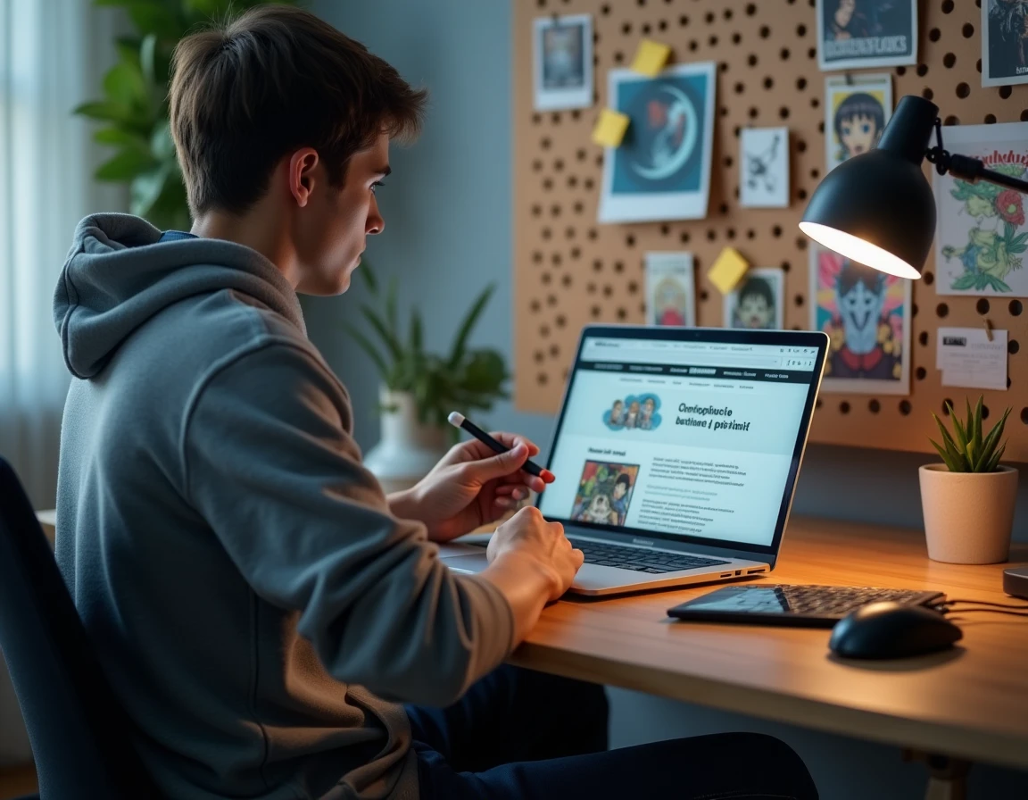Jeune homme consultant un site de lecture de manga en ligne sur un ordinateur portable dans un bureau moderne