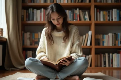 Jeune femme lisant des mangas en version française entourée de volumes posés au sol dans un appartement cosy
