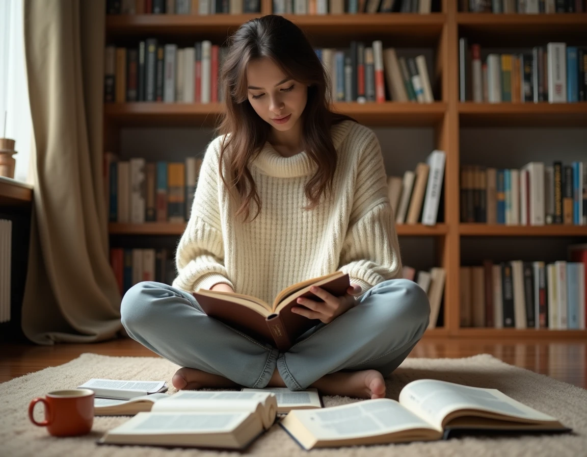 Jeune femme lisant des mangas en version française entourée de volumes posés au sol dans un appartement cosy
