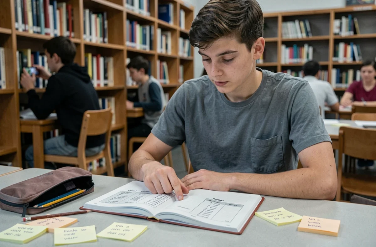 Lycéen étudiant les règles du passé composé et de l'imparfait dans un manuel de grammaire française en bibliothèque