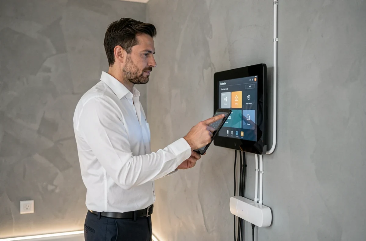 Électricien de Maison Confort configurant un système domotique sur un panneau encastré dans une rénovation moderne
