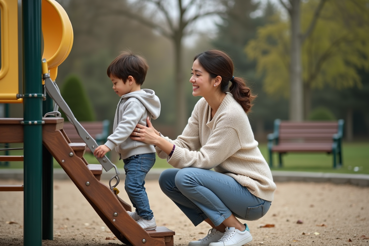 Maman encourageant son enfant au parc en plein air