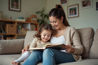 Femme et fille lisant un livre dans un salon chaleureux